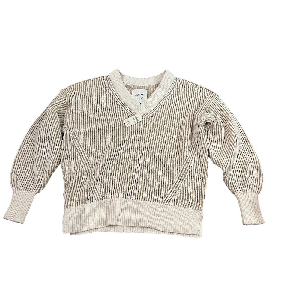 New Aerie Sweater Women's XXS Ivory Tan Striped V-Neck Ribbed Puff‎ Sleeve Cozy
